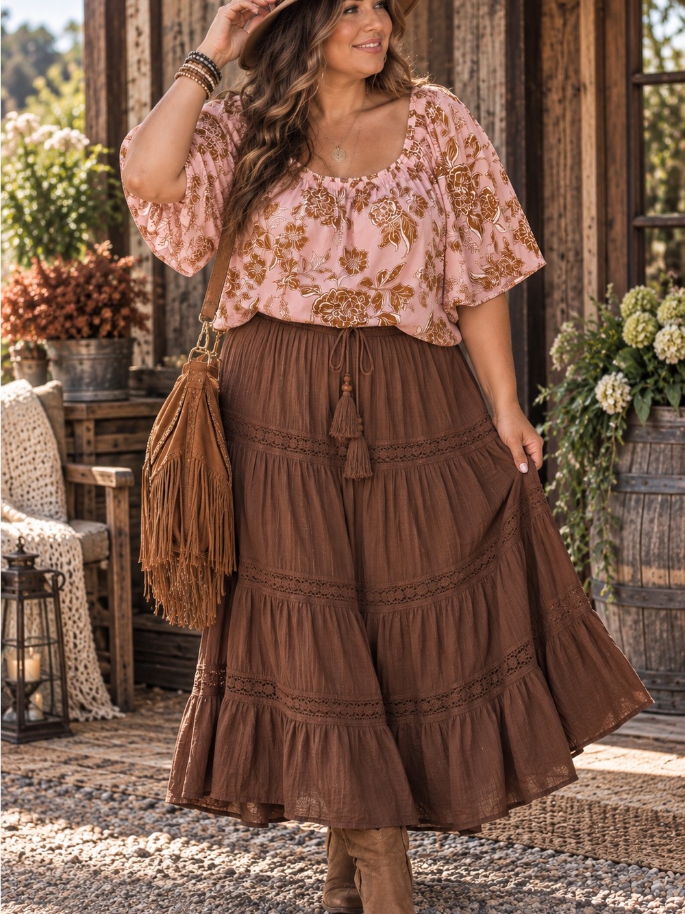 Lane Bryant Size 22/24 Boho Pink & Brown Top Elastic Oversized Plus Cutie!